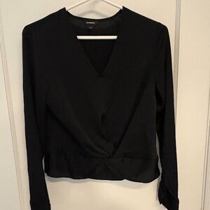 Express Black Long-Sleeve V-Neck Twist Front Top